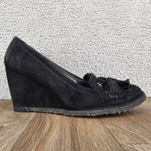 Stuart Weitzman 7.5 Black Suede‎ Tassel Wedge Loafers Classic Comfortable